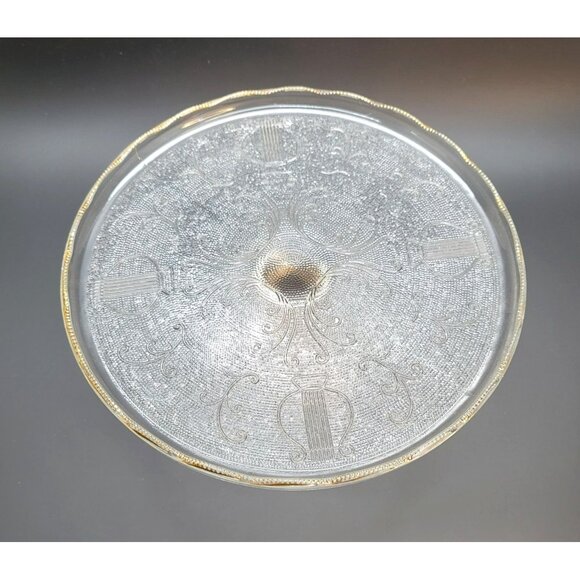 Vintage Glass Cake Plate Jeanette Harp Design Gold Edged Scalloped Dish DD03 - Picture 3 of 7